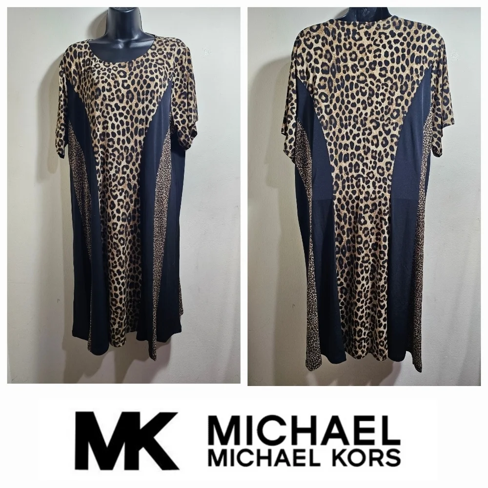 NWT Michael Kors Leopard Print Black Panels Dress 3X Women